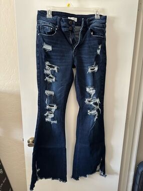 Dark Blue Distressed Flare Jeans - High-Rise Stretch